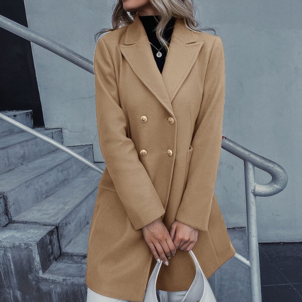 khaki double breasted trench pea coat jacket - Picture 3 of 6